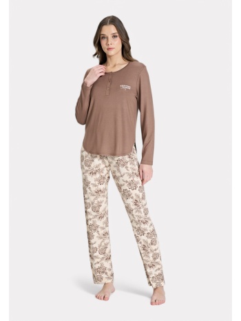 pijadore πιτζάμα καφέ – μακρυμάνικη με floral παντελόνι σε προσφορά