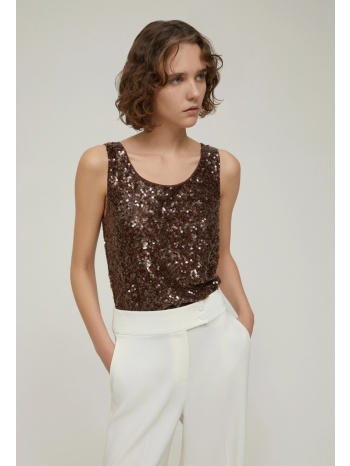 penny black γυναικείο τοπ slim fit τούλι με παγιέτες καφέ