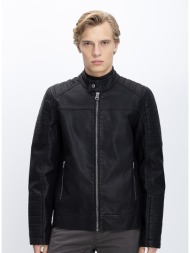 ανδρικό μπουφάν δερματίνη με όρθιο γιακά & ραφές