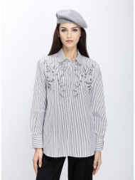 elena miro γυναικείο βαμβακερό ριγέ πουκάμισο με κεντημένες λεπτομέρειες