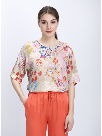 elena miro γυναικεία μπλούζα floral print με κοντό μανίκι