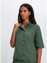 γυναικείο πουκάμισο λινό με κοντό μανίκι regular fit σε πράσινο