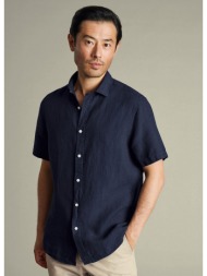 charles tyrwhitt ανδρικό πουκάμισο λινό κοντομάνικο slim fit σε μπλε σκούρο