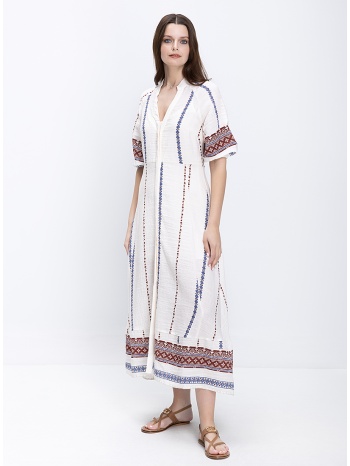 mina roo γυναικείο φόρεμα maxi με ethnic κέντημα και v