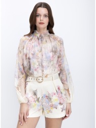 paper lace γυναικείο πουκάμισο κανονική γραμμή με δέσιμο στον λαιμό και floral print