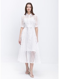 paper lace γυναικείο φόρεμα midi με διάφανο καρό σχέδιο και ζώνη