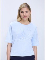 monari γυναικείο sweatshirt βαμβακερό με ανάγλυφο έμβλημα και πλαϊνά ανοίγματα