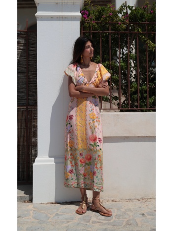 luna llena γυναικείο φόρεμα midi με floral print και v