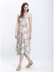the abito γυναικείο φόρεμα midi με ethnic print και δέσιμο στη μέση