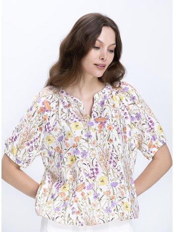 γυναικεία μπλούζα floral relaxed fit με σούρα στον λαιμό
