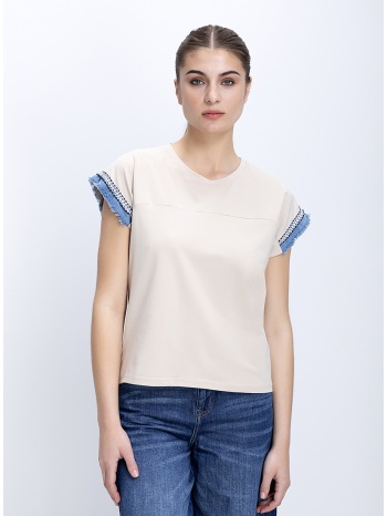 γυναικεία βαμβακερή μπλούζα με denim λεπτομέρειες στα σε προσφορά
