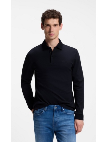 boss ανδρικό μονόχρωμο βαμβακερό polo regular fit με μακρύ