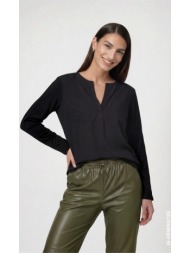 monari γυναικεία μονόχρωμη μπλούζα regular fit με satin μπροστινή όψη strass και κορδόνι στο τελείωμ