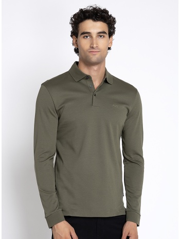 boss ανδρικό μονόχρωμο βαμβακερό polo regular fit με μακρύ