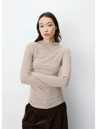grace & mila γυναικεία μπεζ ριγέ μπλούζα slim fit με ψηλή λαιμόκοψη και σούρες στη μέση για elegant 