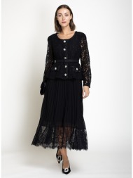 paper lace γυναικείο μαύρο midi φόρεμα με δαντέλα, πλισέ φούστα και διακοσμητικά κουμπιά για elegant