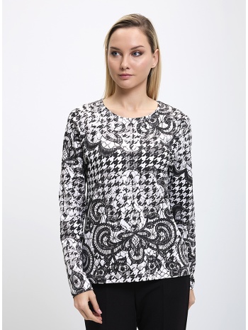 γυναικεία μπλούζα με στρογγυλή λαιμόκοψη εμπριμέ άσπρο-μαύρο σε προσφορά