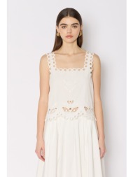 berenice γυναικείο τοπ regular fit κοντό με τετράγωνη λαιμόκοψη και αγγλική κεντητή διακόσμηση white