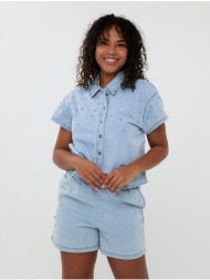 esqualo γυναικείο τζιν πουκάμισο cropped βαμβακερό με τρουκς και στρας