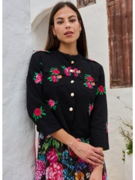 luna llena γυναικείο σακάκι βαμβακερό με μανίκια 3/4 και κεντήματα regular fit σε μαύρο