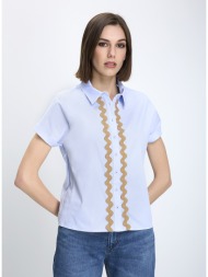 the abito γυναικείο πουκάμισο κανονική γραμμή βαμβακερό με κοντό μανίκι και τρέσα μπλε