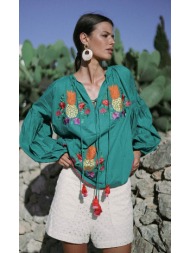 luna llena γυναικεία μπλούζα βαμβακερή με κεντήματα boho regular fit σε πράσινο