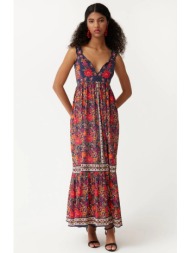 γυναικείο μακρύ φόρεμα βαμβακερό με λουλουδάτο μοτίβο και κεντητές λεπτομέρειες