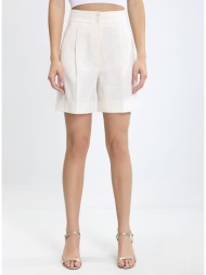 γυναικείο ψηλόμεσο σορτς με πιέτες και ρεβέρ regular fit σε εκρού