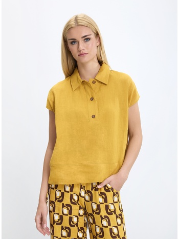 γυναικείο τοπ λινό με γιακά και κουμπιά σε μουσταρδί σε προσφορά