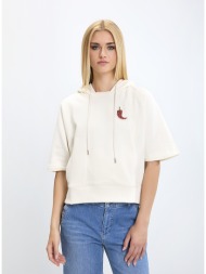 boss γυναικεία μπλούζα βαμβακερή με κουκούλα και κοντό μανίκι σε εκρού