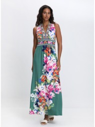 γυναικείο μακρύ φόρεμα με λουλουδάτο print και v-λαιμόκοψη σε πράσινο