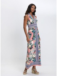 γυναικείο μακρύ φόρεμα με φλοράλ μοτίβο και διακοσμητικά περιγράμματα regular fit σε ροζ