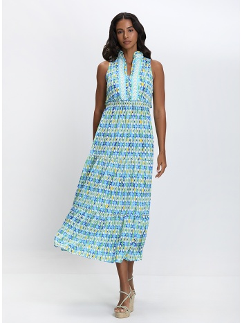 γυναικείο midi φόρεμα με ψηλό γιακά και λάστιχο στη μέση σε προσφορά