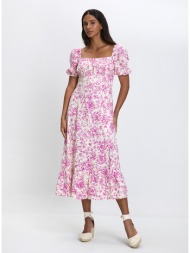 γυναικείο midi φόρεμα floral με τετράγωνη λαιμόκοψη και puff μανίκια σε ροζ εμπριμέ