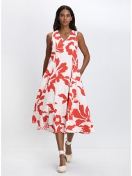 γυναικείο midi φόρεμα a-line με v λαιμόκοψη και floral print σε εμπριμέ κόκκινο