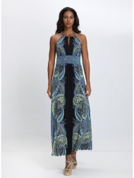 γυναικείο μακρύ φόρεμα με μποέμ μοτίβο regular fit σε μαύρο/μπλε