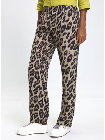 γυναικείο παντελόνι straight fit λινό με animal print λεοπάρ