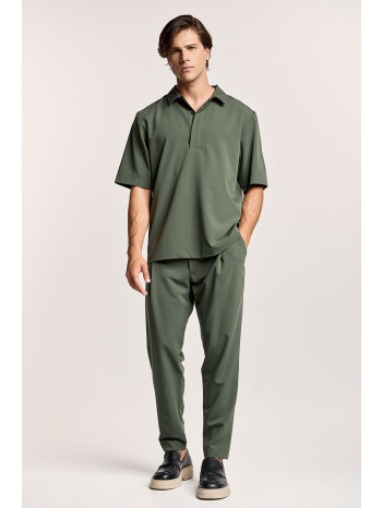 λαδί παντελόνι με λάστιχο και ζώνη στη μέση και πιέτες