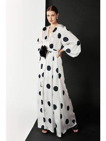 λευκό πουά μακρύ σατέν φόρεμα με ζώνη