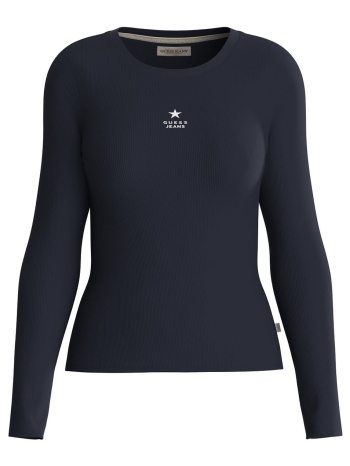 μπλέ μακρυμάνικη slim fit μπλούζα ribbed cotton με κέντημα