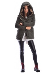 χακί μπουφάν παρκά με γούνινη κουκούλα