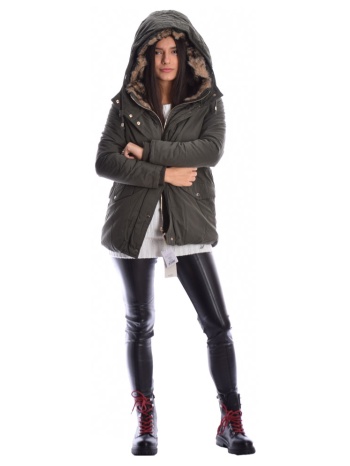 χακί μπουφάν παρκά με γούνινη κουκούλα σε προσφορά