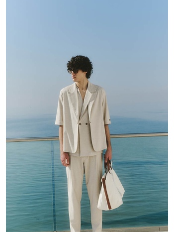 μπέζ κοντομάνικο λινό σακάκι