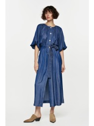 τζιν μάξι φόρεμα με ζώνη και φουσκωτά μανίκια