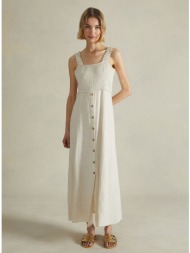 μπέζ λινό maxi φόρεμα με τιράντες