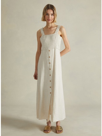 μπέζ λινό maxi φόρεμα με τιράντες