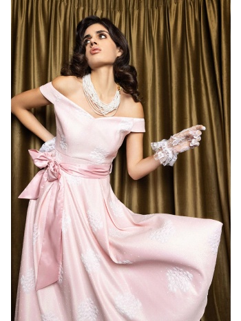 ρόζ μίντι ζακάρ φόρεμα με ντεκολτέ καρδιά