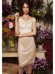 μπέζ μίντι φούστα με χάντρες