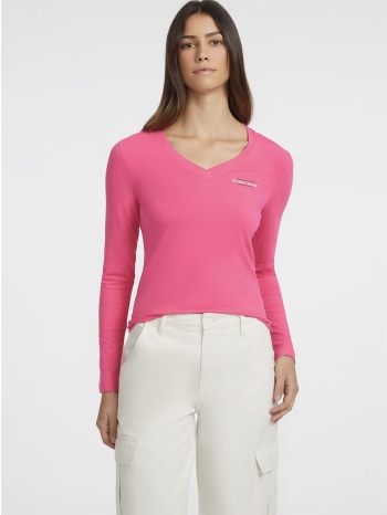 φούξια μακρυμάνικη slim fit μπλούζα με v λαιμόκοψη
