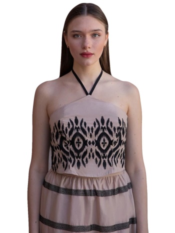 μπέζ αμάνικο κρόπ τοπ με κέντημα